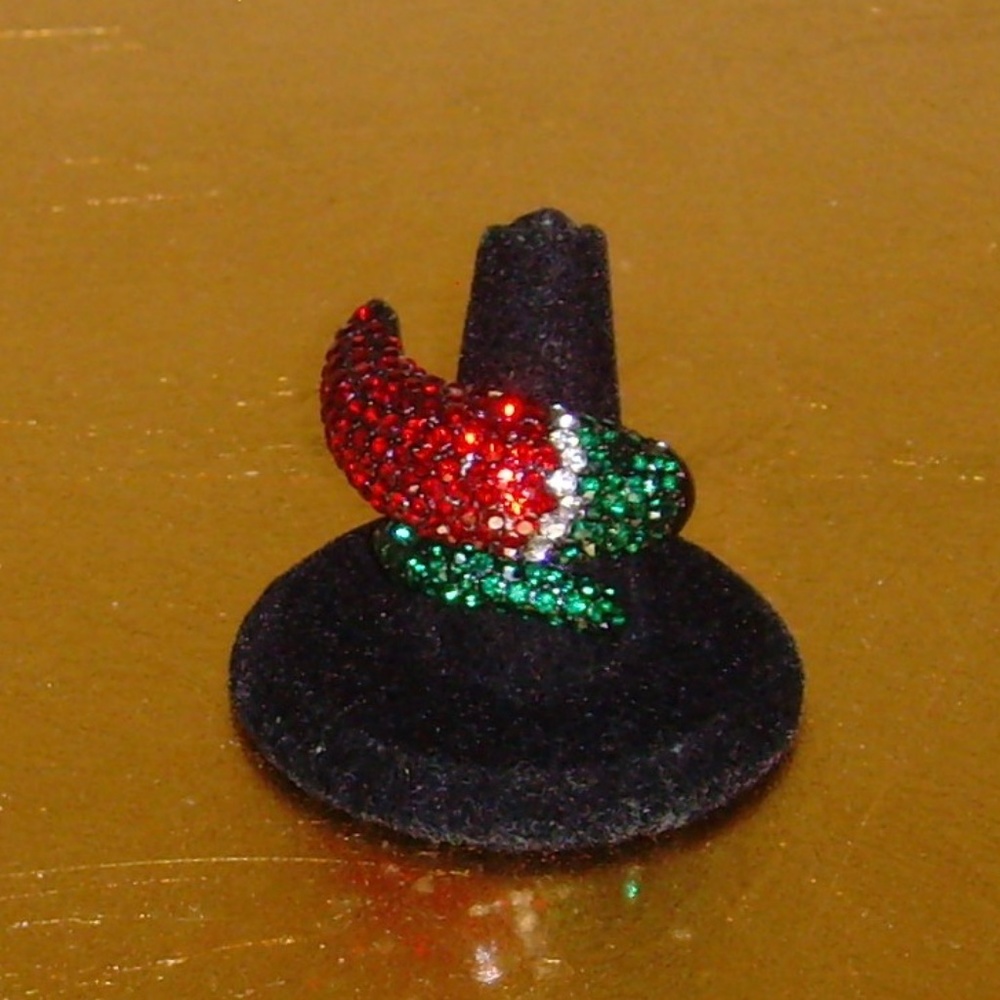Black Enamel and Rhinestone Snake Ring